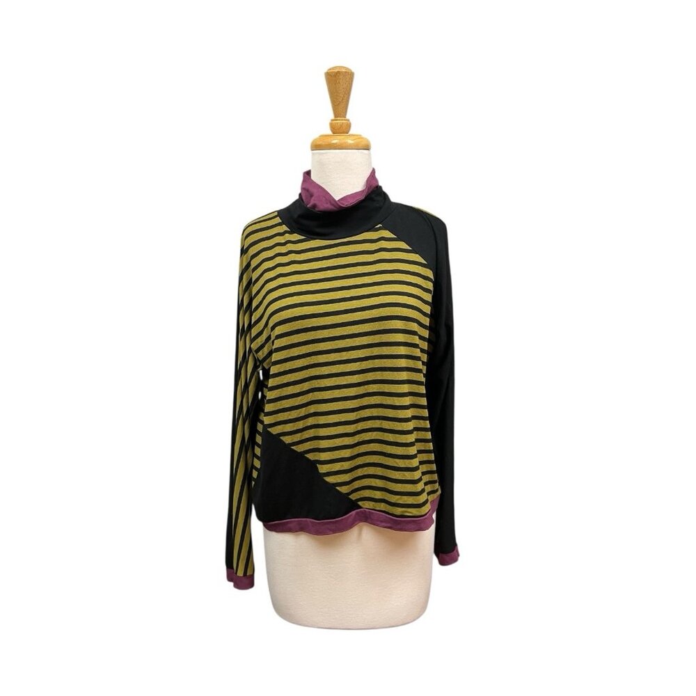 Lisa Bayne Striped Turtleneck Top Size M Medium Black Green Purple